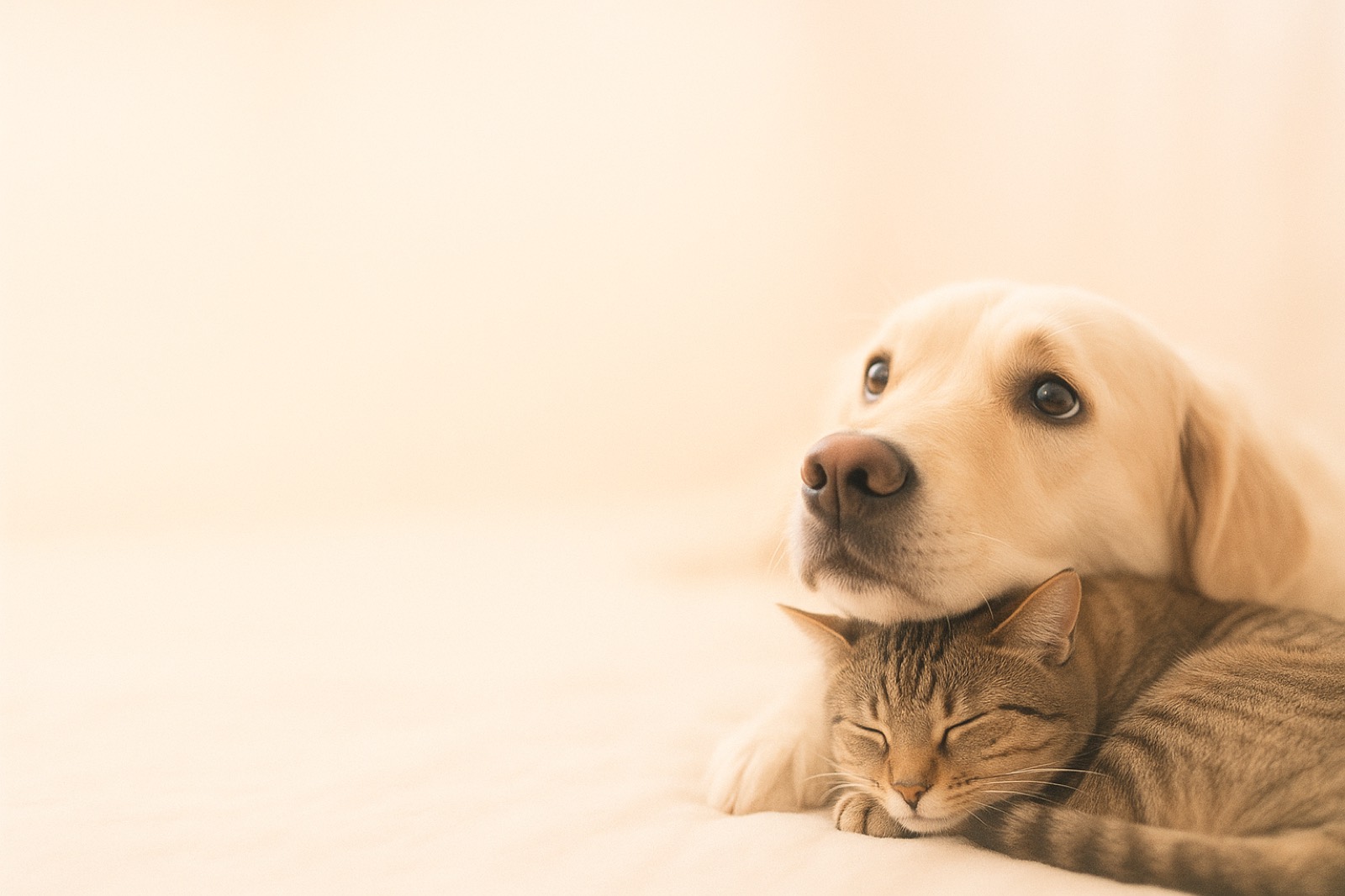 A dog resting its chin beside a curled up cat