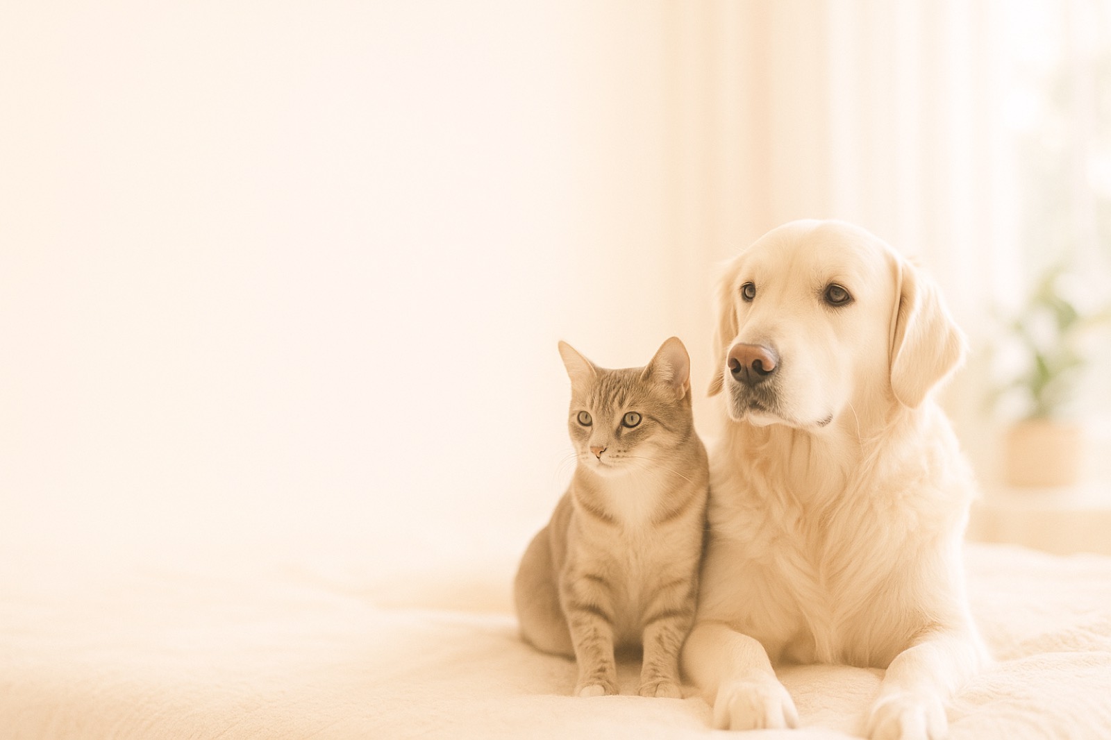 A relaxed dog and cat sitting together in warm light
