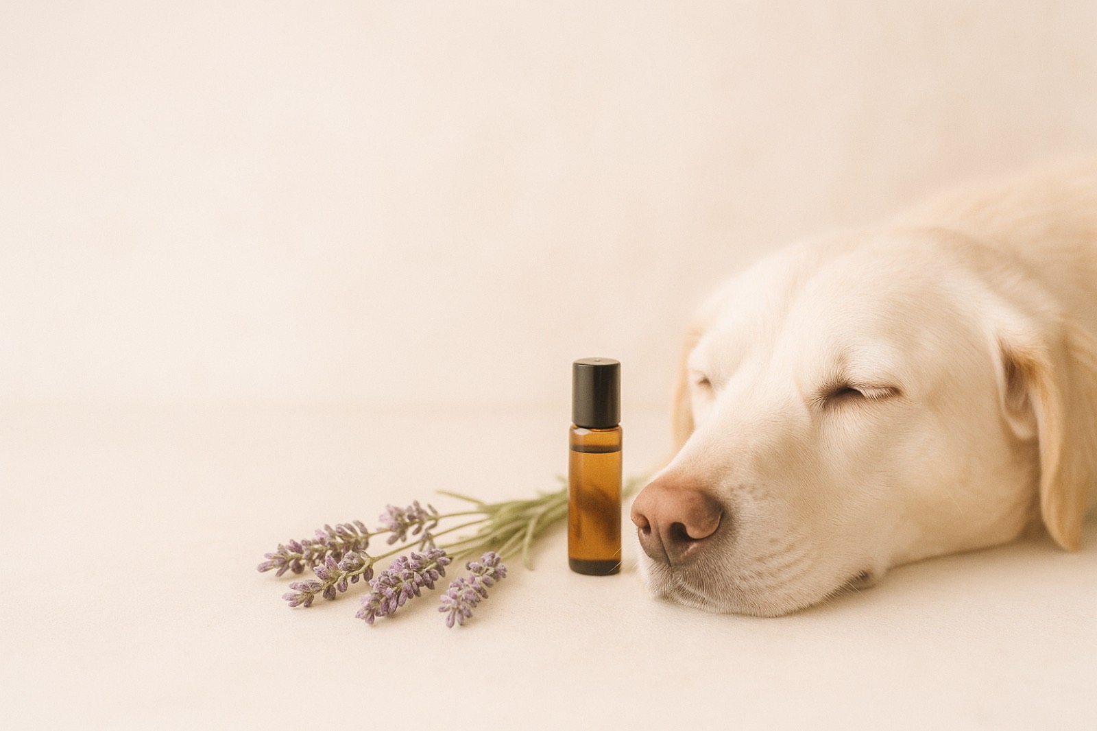 A sleeping dog beside lavender and an amber essential oil roller