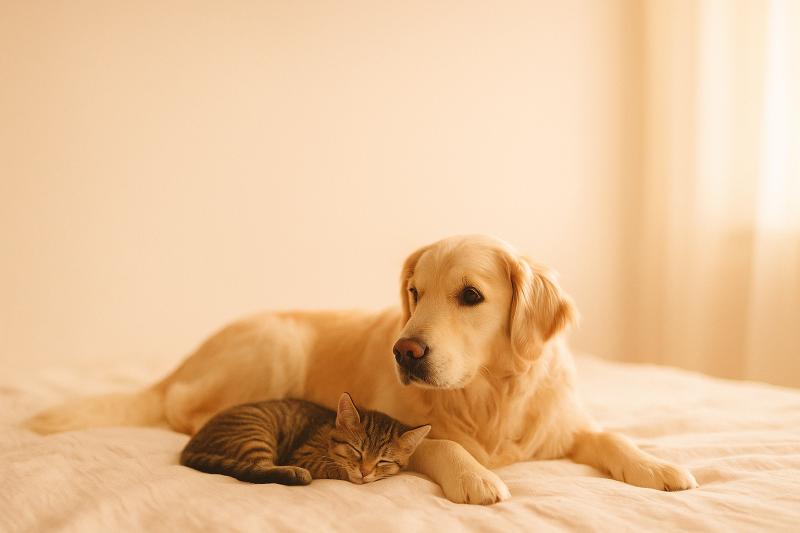 A retriever and tabby cat resting in warm window light